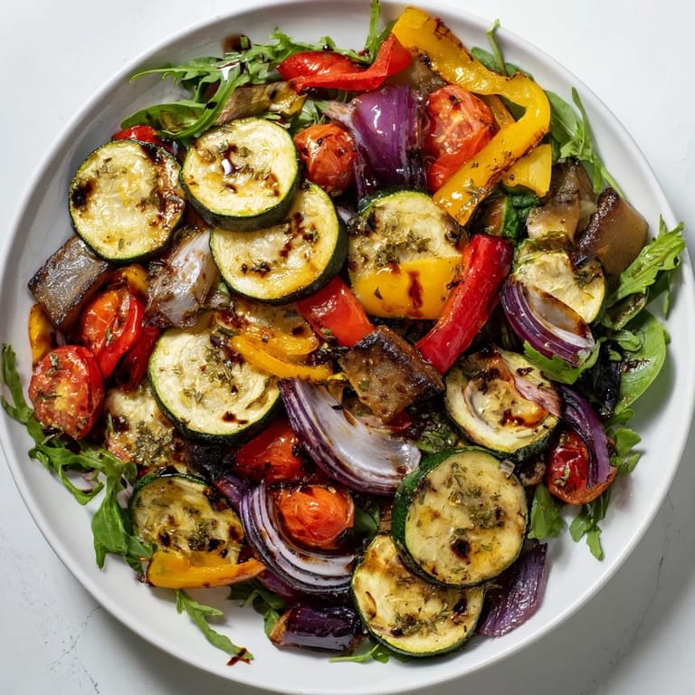 Freshly prepared Roasted Vegetable Salad with roasted zucchini, bell peppers, and a drizzle of dressing.