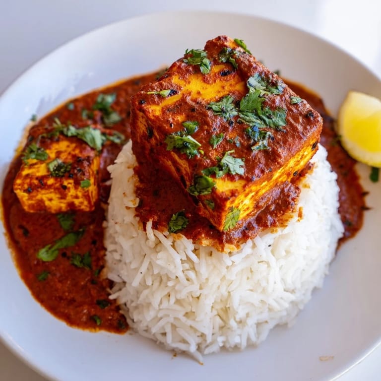 Fresh cilantro garnishes this flavorful Paneer Tikka Masala, a perfect dish served over rice.