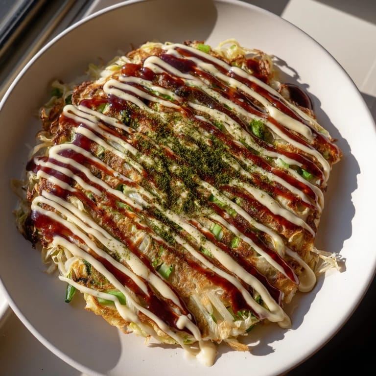 This delicious Okonomiyaki recipe shows a close-up of the savory pancake with all the tasty toppings.