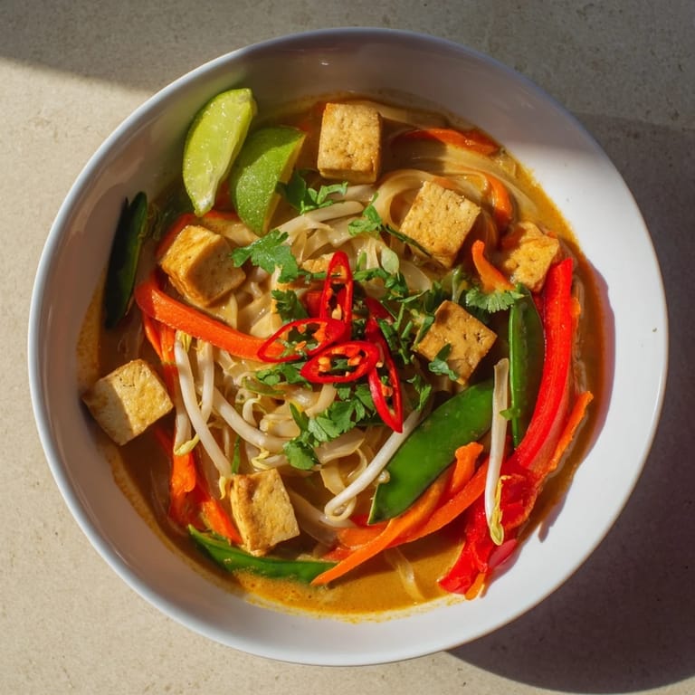 A creamy, fragrant serving of Malaysian Laksa Curry featuring noodles, tofu, and a rich coconut broth.