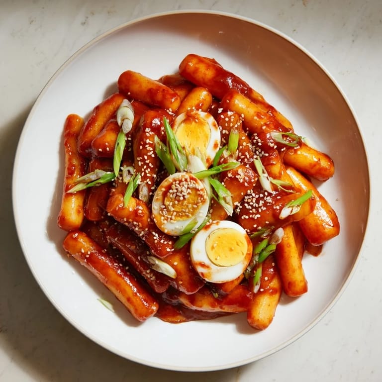 This vibrant photo shows a delicious Korean Tteokbokki dish, ready to be enjoyed as a tasty snack.
