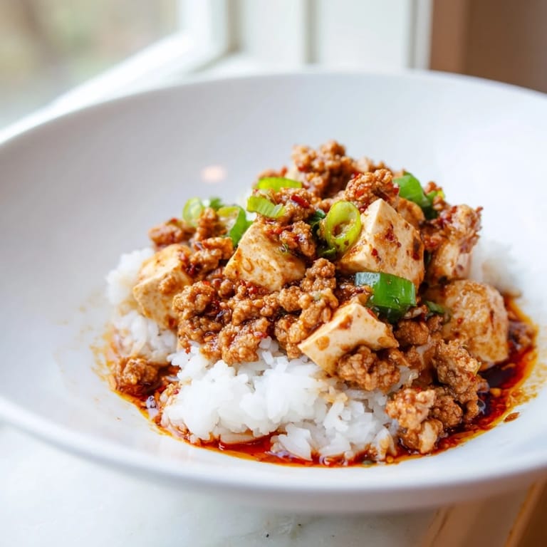A close-up of savory Mapo Tofu, showcasing the silky tofu in spicy chili sauce.