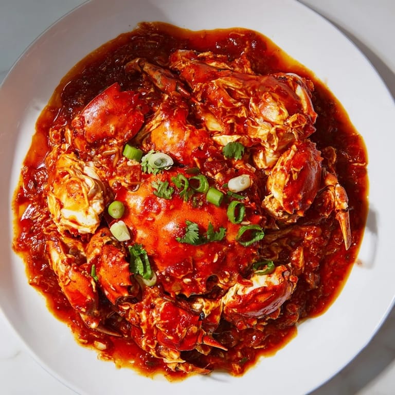Rich, aromatic Singaporean chili crab, a perfect pescatarian meal with crab pieces in spicy tomato sauce.