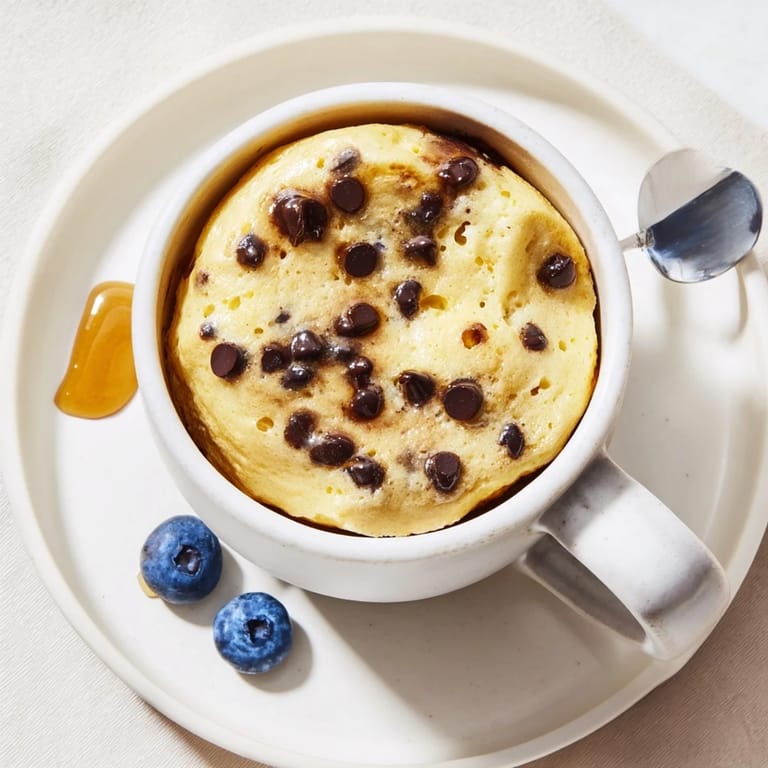 Microwave mug pancakes with mini chocolate chips melted throughout, served warm and gooey straight from the mug.