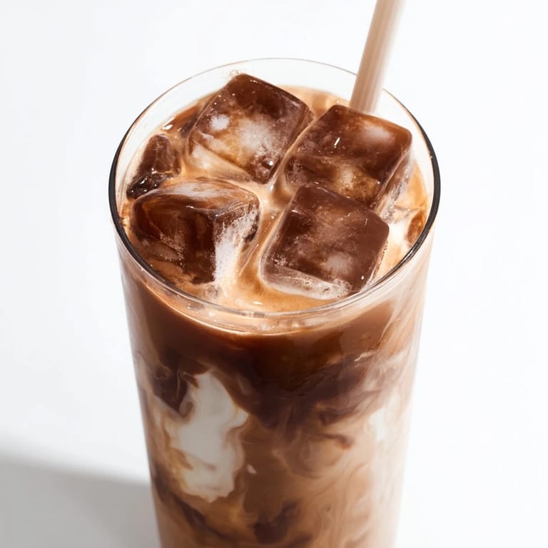 Homemade Milo ice latte in a glass, topped with a straw and ready to enjoy.