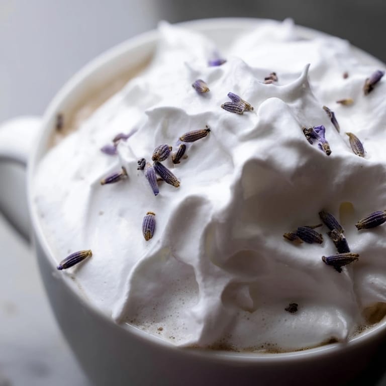 A hot Whipped Lavender Latte topped with fluffy foam and a dried lavender garnish.