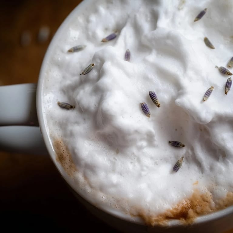 Cozy Whipped Lavender Latte enjoyed beside a book and buttery shortbread cookies on a saucer.
