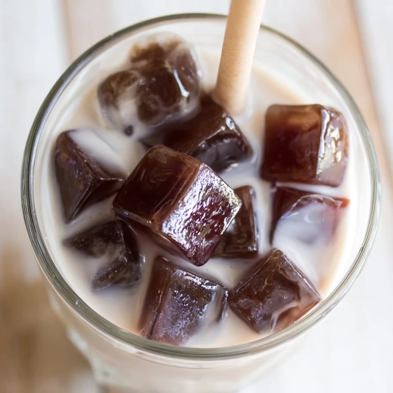 Sweet cream pours over dark coffee jelly cubes in a tall glass, creating a layered beverage perfect for summer afternoons.