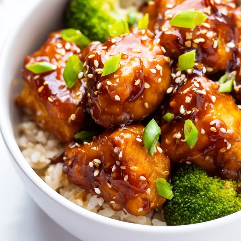 Overhead view of Sweet Chili Chicken Bowl featuring tender chicken, steamed rice, and broccoli for a wholesome meal.
