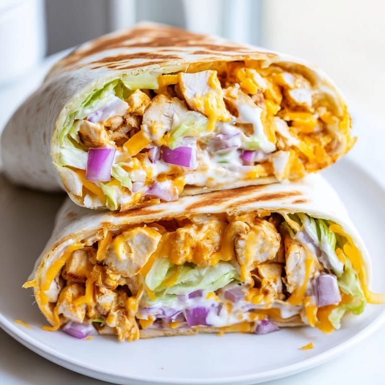 Warm, toasted Buffalo Ranch Chicken Wrap halves showing melted cheese and drizzles of ranch and buffalo sauce, served with celery sticks.