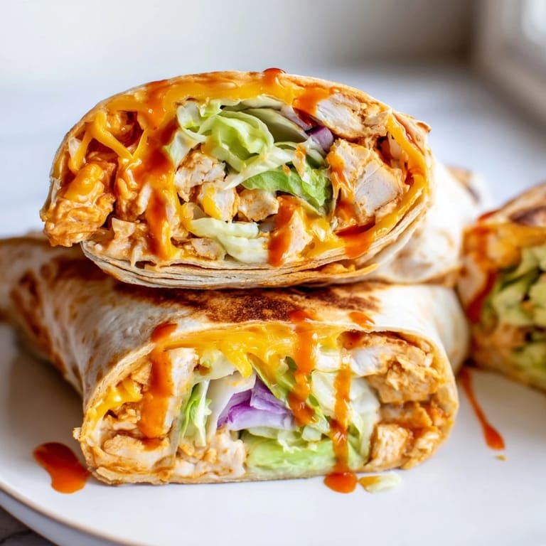 Close-up of sliced Buffalo Ranch Chicken Wrap layered with juicy buffalo chicken, crunchy lettuce, and creamy ranch dressing on a rustic plate.