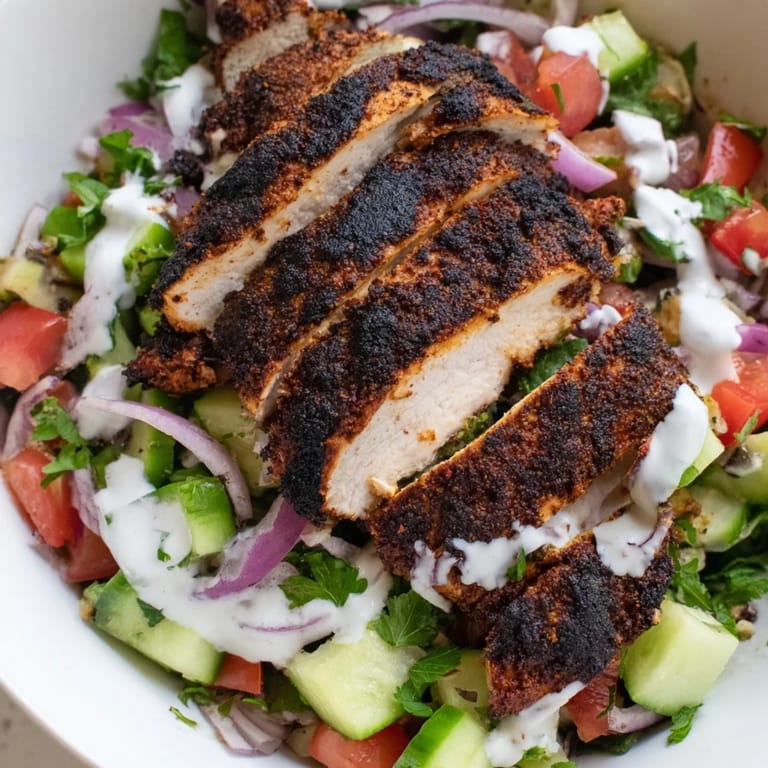 Close-up of Chicken Shawarma Salad highlighting golden char on the chicken, vibrant veggies, and a tangy yogurt sauce.  
