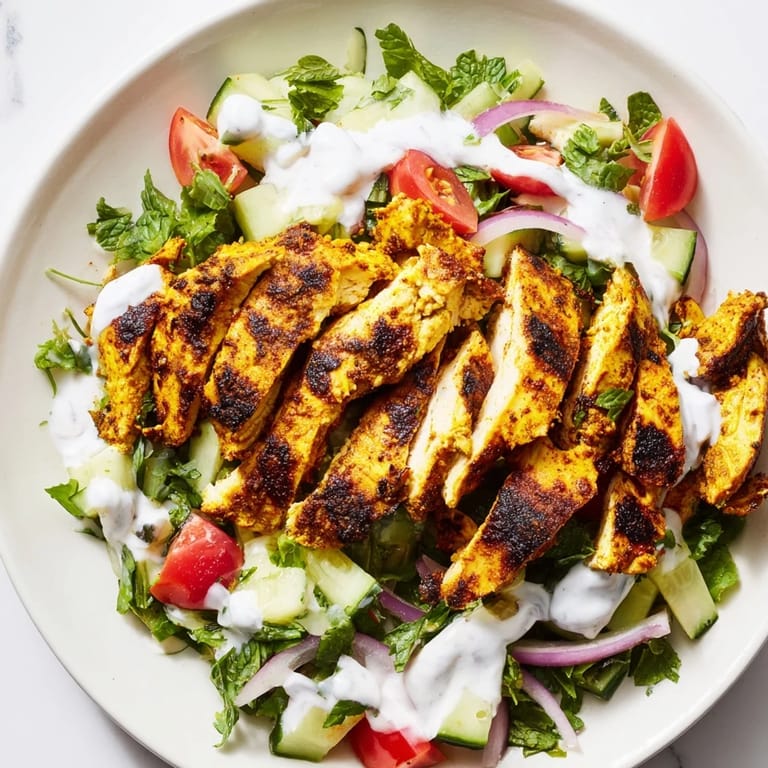 A plated Chicken Shawarma Salad for four, with colorful Mediterranean vegetables and a luscious, garlicky yogurt dressing drizzle.
