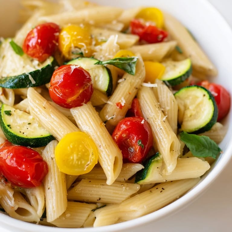 A close-up of Garden Veggie Pasta with fresh basil and a light olive oil sauce.