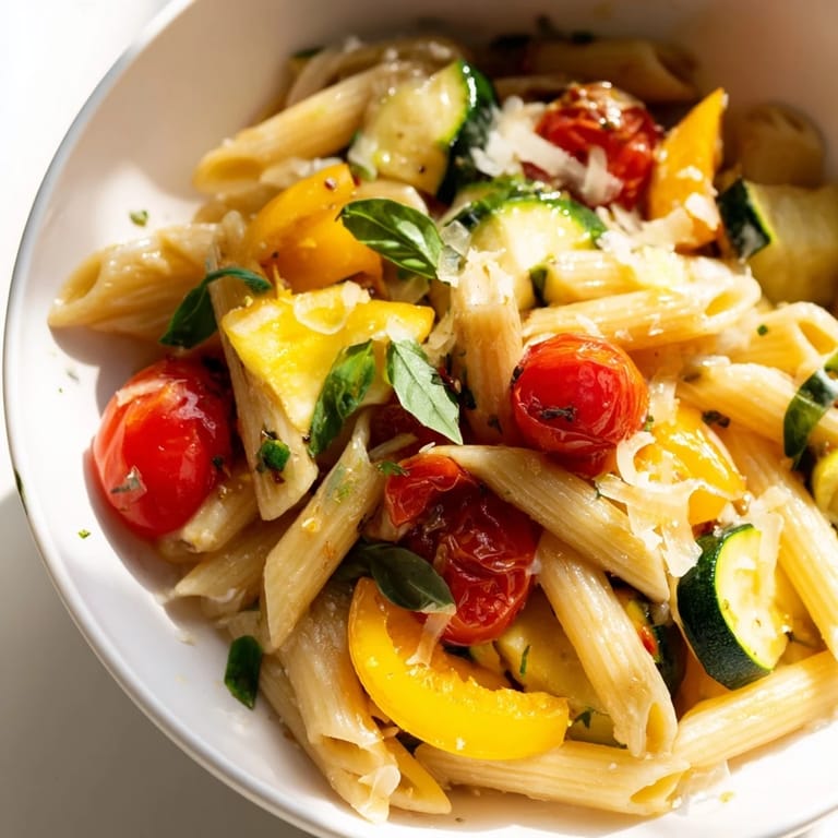 Serving bowl of Garden Veggie Pasta garnished with lemon zest and grated Parmesan cheese.