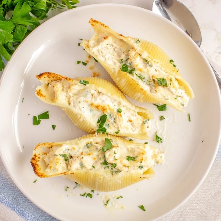 The completed Chicken Alfredo Stuffed Shells casserole, ready to serve, offers a comforting Italian-American family meal.
