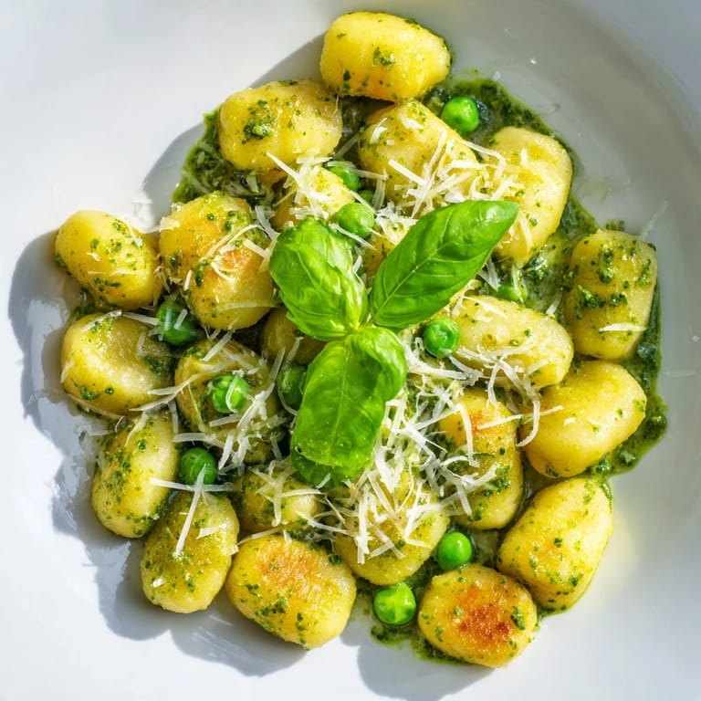 Golden potato gnocchi with sweet peas and wilted spinach coated in a creamy, herby basil pesto sauce.  
