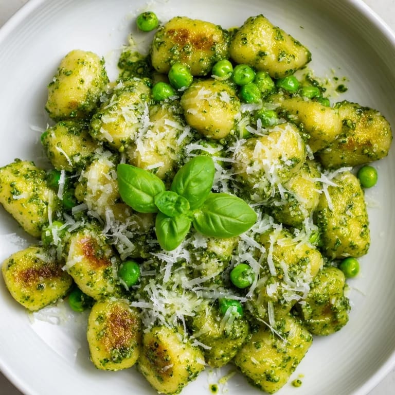 A vibrant skillet of Pesto Pea Gnocchi, garnished with fresh basil and Parmesan for a weeknight Italian meal.
