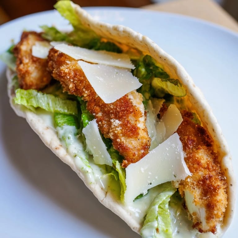 Warm pita pocket filled with crispy chicken, fresh romaine salad, and drizzled Caesar dressing.