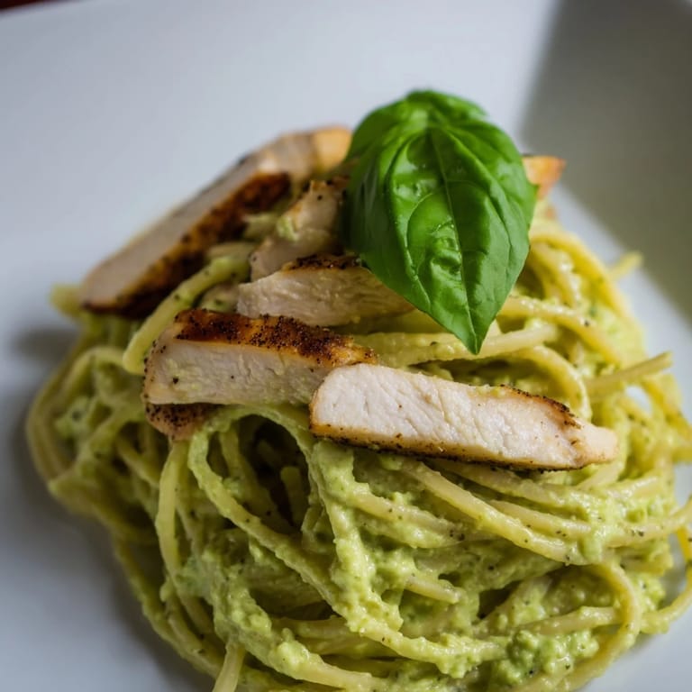 A bowl of creamy avocado chicken pasta with tender grilled chicken, basil, and a drizzle of olive oil.