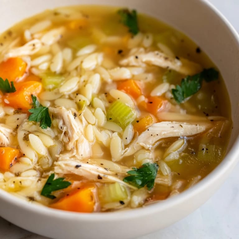 A close-up of Lemon Pepper Chicken Orzo Soup steaming beside fresh lemon wedges and a sprinkle of black pepper.  