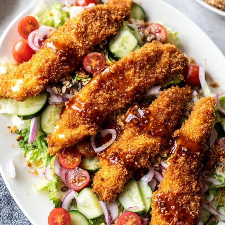 This Crispy Hot Honey Chicken Salad combines crunchy fried chicken, fresh vegetables, and sweet-spicy honey for a satisfying main dish meal.