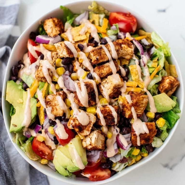 Colorful Chicken Taco Chopped Salad with shredded cheese, diced tomatoes, and zesty lime ranch drizzle.