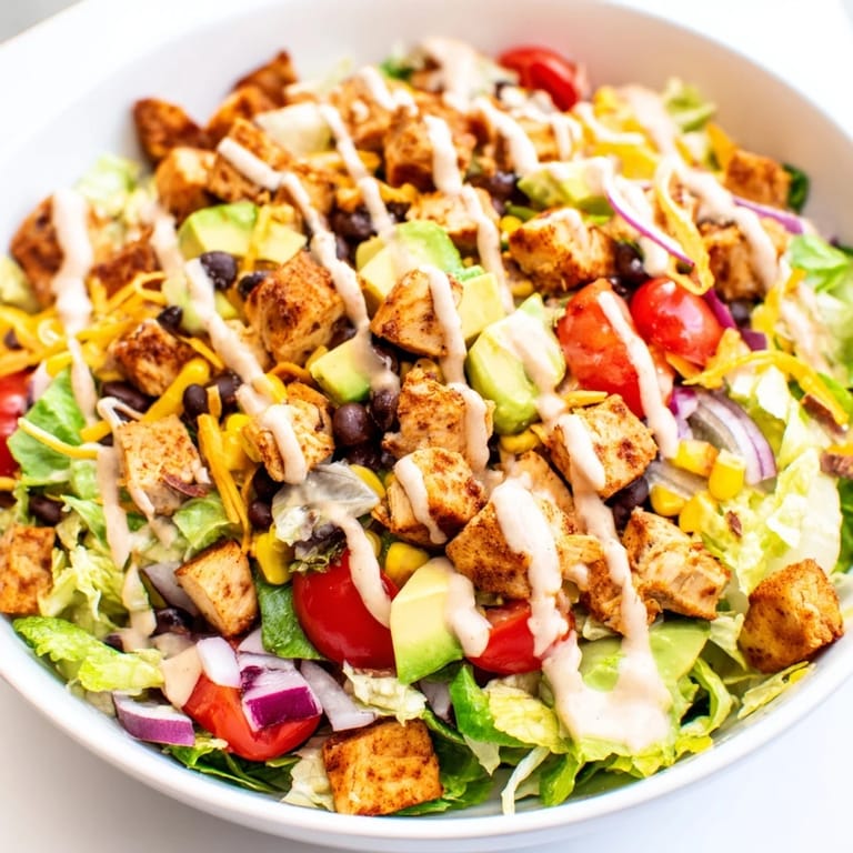 Crunchy tortilla chips top a hearty Chicken Taco Chopped Salad, featuring black beans, corn, and avocado.