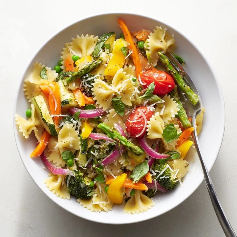 A close-up of a bowl of Rainbow Veggie Pasta Primavera, featuring julienned carrots and red bell peppers glistening in lemony dressing.