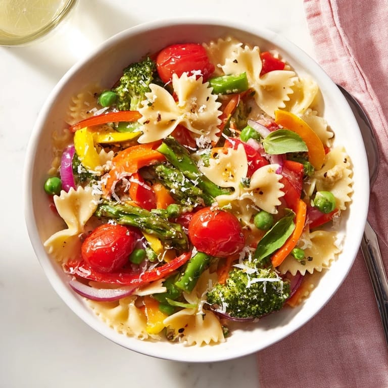 Freshly cooked Rainbow Veggie Pasta Primavera served warm with a sprinkle of Parmesan cheese and fresh herbs.