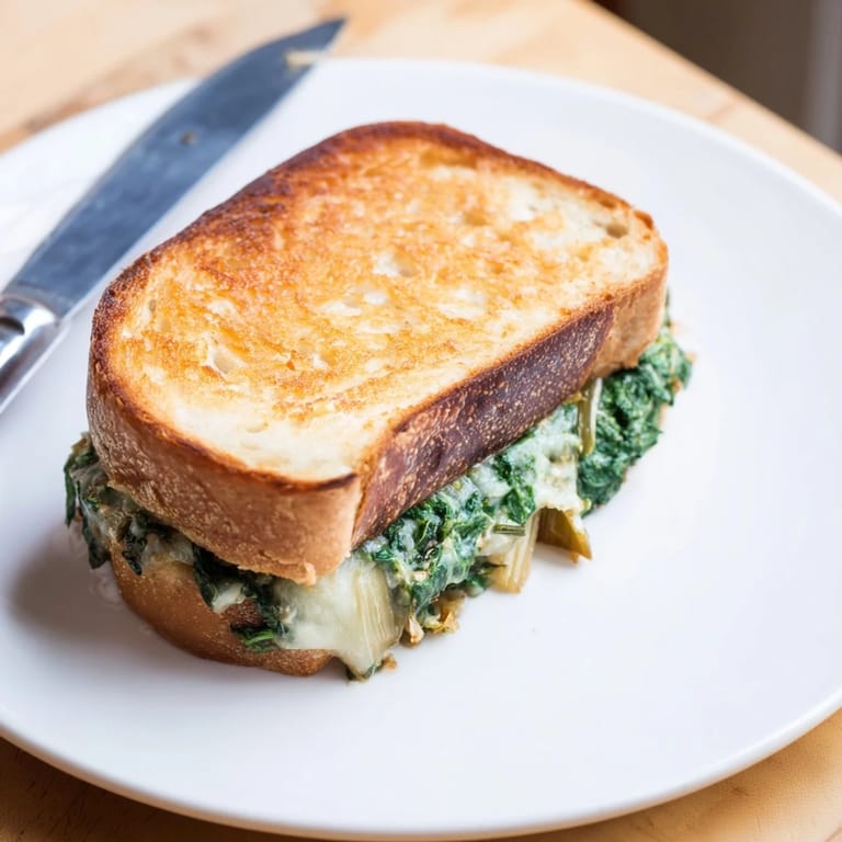 Buttery toasted slices with a rich artichoke spinach spread, perfect for a cozy lunch.