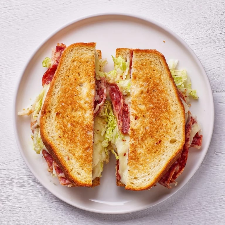 Two halves of a toasted Italian Sub Grilled Cheese sandwich stacked on a white plate, with a colorful lettuce topping peeking out from the crispy crust.  