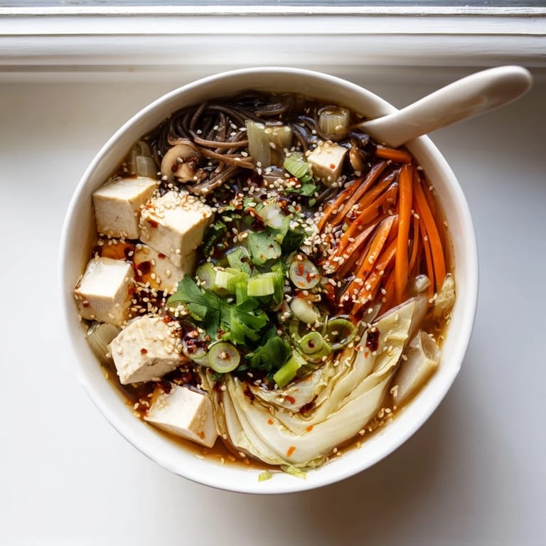 Ginger-Miso Winter Soup served in a rustic bowl, topped with scallions and sesame seeds.