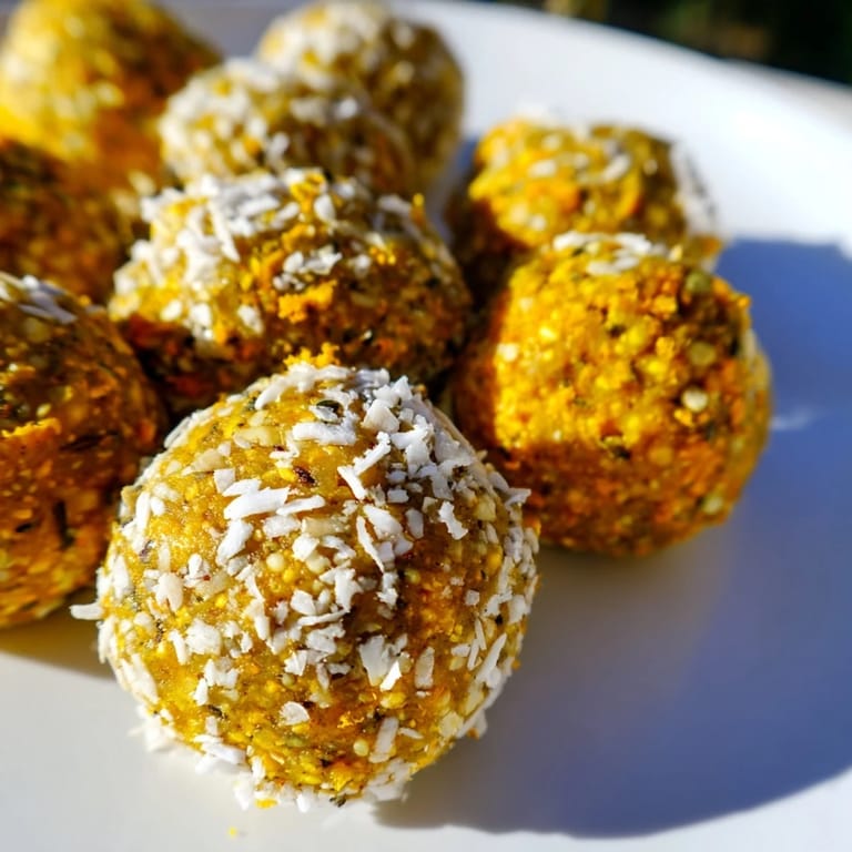 Homemade Ginger Turmeric Energy Balls arranged on a plate with a glass of golden milk, showcasing their no-bake, vegan snack appeal.