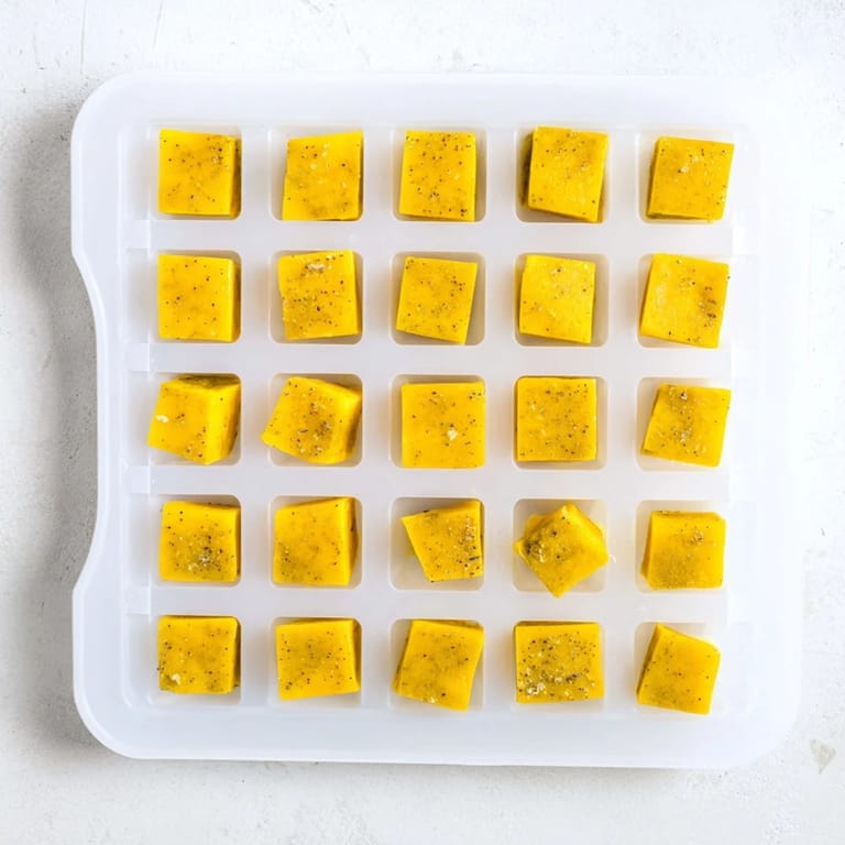 These frozen Lemon Ginger Turmeric Wellness Cubes are stacked in a glass jar, offering a refreshing and spicy way to support your daily wellness routine.