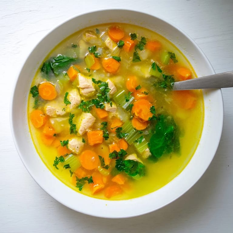 A golden pot of Turmeric Chicken Soup, ready to serve, with carrots and celery visible in the broth.
