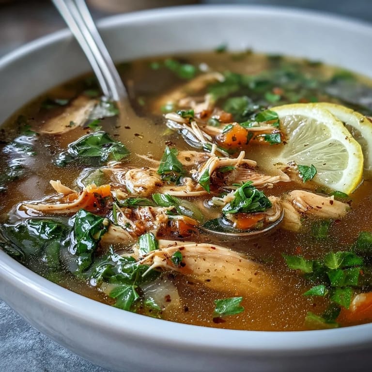 Comforting high protein chicken soup, showcasing tender chicken, greens, and lemon slice.