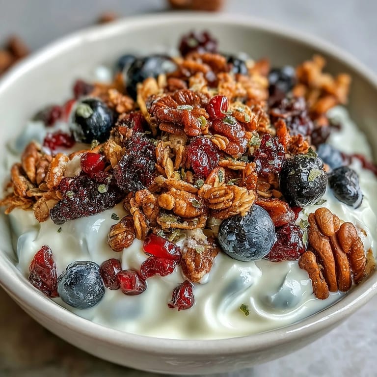 A vibrant, nourishing yogurt bowl featuring tart berries and toasty spiced crunch topping.