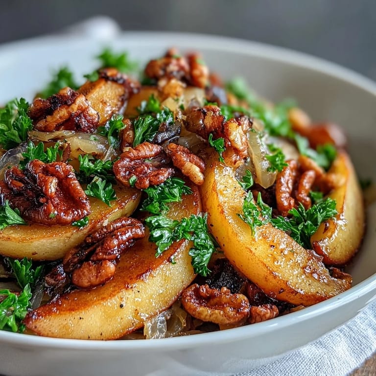 Tangy, warm apple and sauerkraut salad with fresh parsley garnish, ready to serve.