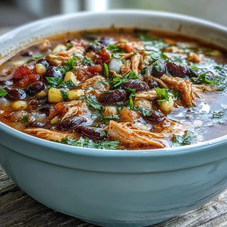 A hearty ladle of Southwestern Turkey Soup reveals tender turkey, black beans, and sweet corn in a rich tomato broth.