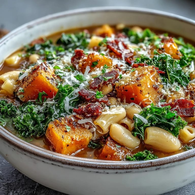 A steaming bowl of hearty Fall Minestrone featuring butternut squash, kale, and ditalini pasta ready to be served.