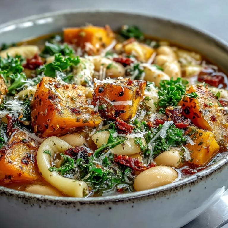 Close-up of rich Fall Minestrone with creamy white beans, savory pancetta, and melted Parmesan garnish.