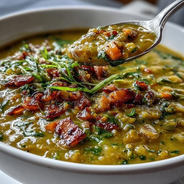 Hearty Split Pea and Ham Soup simmered with a smoky ham bone, garnished with fresh thyme and black pepper.