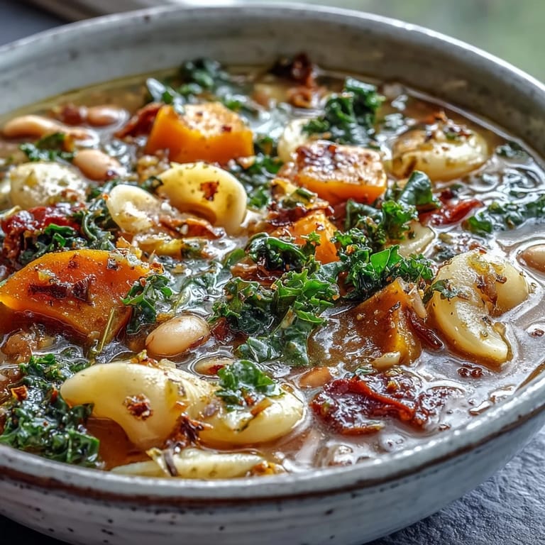 Overhead view of Winter Minestrone Soup in a rustic bowl, garnished with fresh parsley and olive oil.