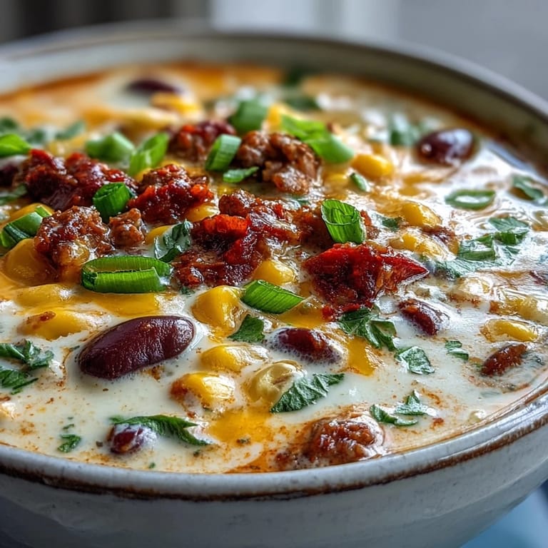 Creamy Taco Soup ladled into a white bowl, steam rising from the rich, cheesy broth filled with beef, beans, and colorful vegetables, garnished with green onions.