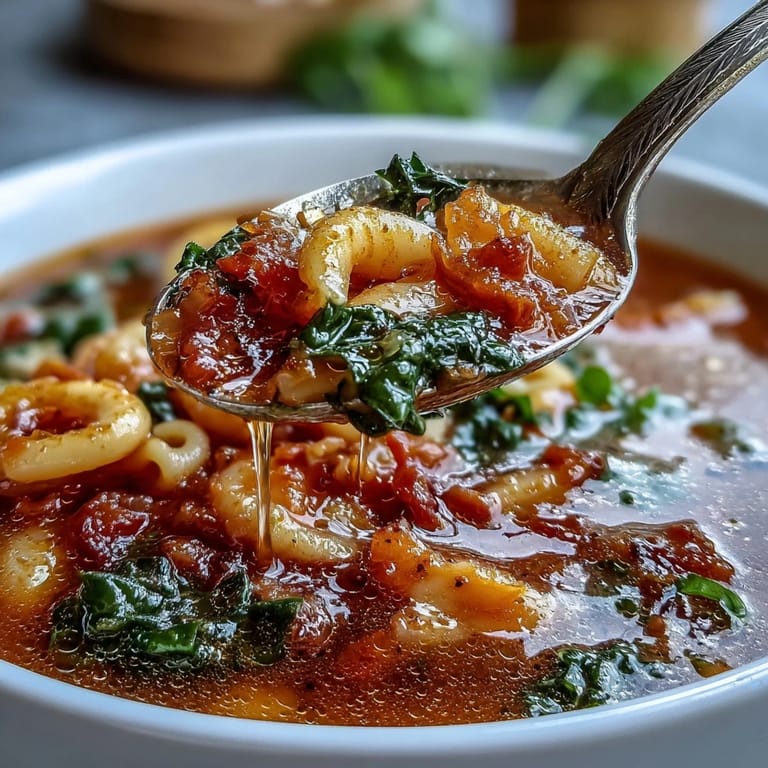 Winter Minestrone Soup With Butternut Squash and Kale ladle, showcasing tender vegetables, beans, and pasta in a rich red broth.
