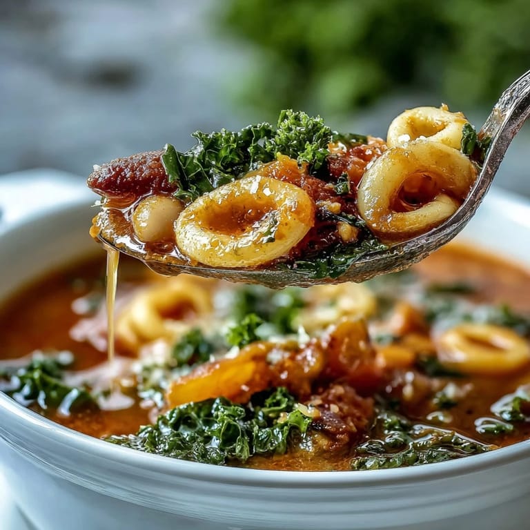 Close-up of Winter Minestrone Soup With Butternut Squash and Kale, highlighting colorful ingredients next to crusty artisan bread.