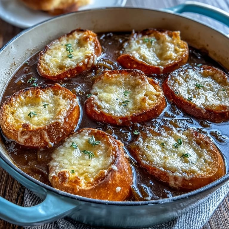 Topped with a toasted baguette slice and bubbly, melted Gruyère cheese topping.
