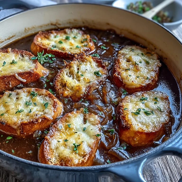 A rich, savory bowl of Dutch oven French onion soup served hot and cheesy.