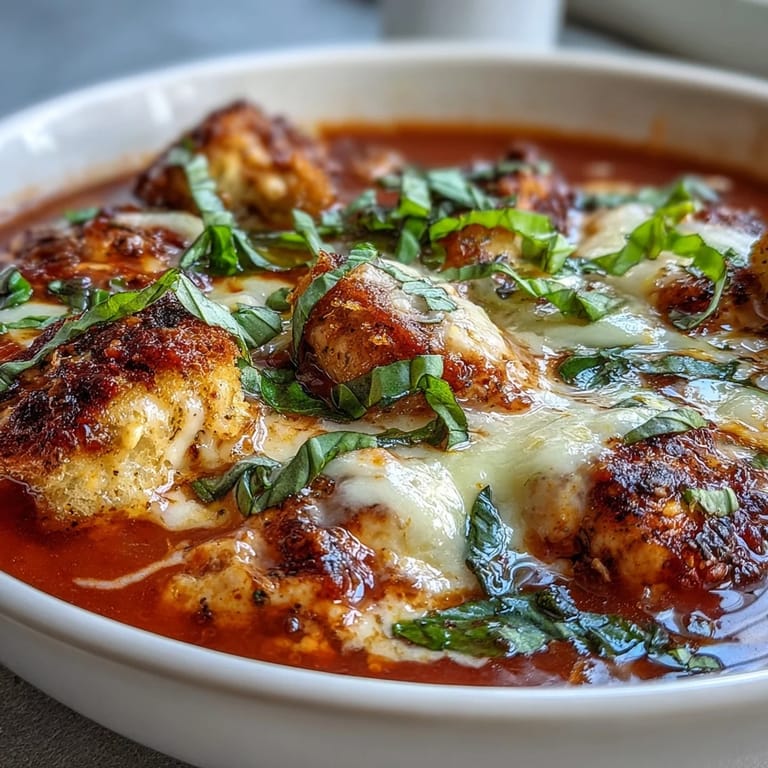 Grilled Chicken Parmesan Soup in a rustic bowl with mozzarella and Parmesan melting into the broth.